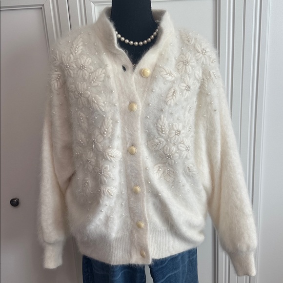 Angora Button-Up Cardigan White with Pearls - Picture 1 of 6